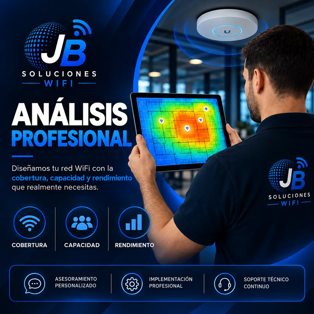 Folleto: análisis profesional de tu red WiFi. Cobertura, capacidad y rendimiento, con asesoramiento personalizado, implementación profesional y soporte técnico continuo.
