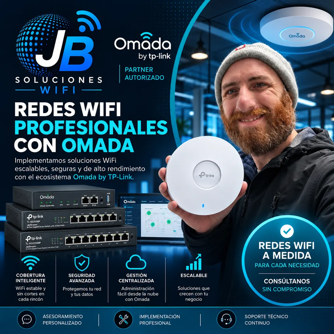 Folleto: redes WiFi profesionales con Omada by TP-Link. Cobertura inteligente, seguridad avanzada, gestión centralizada y escalabilidad.