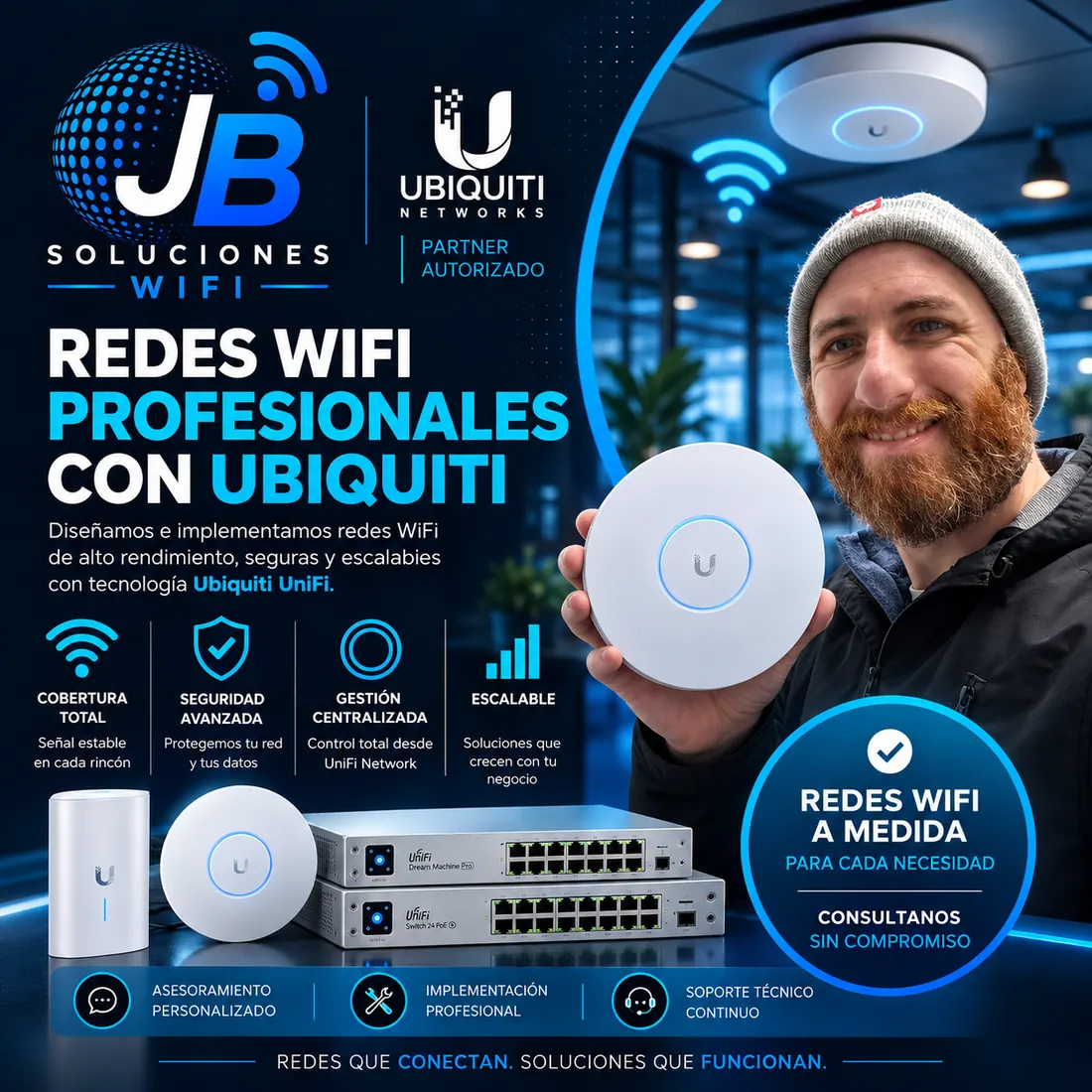 Folleto: redes WiFi profesionales con Ubiquiti UniFi. Señal estable, seguridad avanzada, control total y soluciones que crecen con tu negocio.