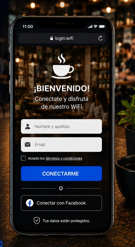 Pantalla de bienvenida de un portal cautivo en un celular, con campos de nombre y correo
