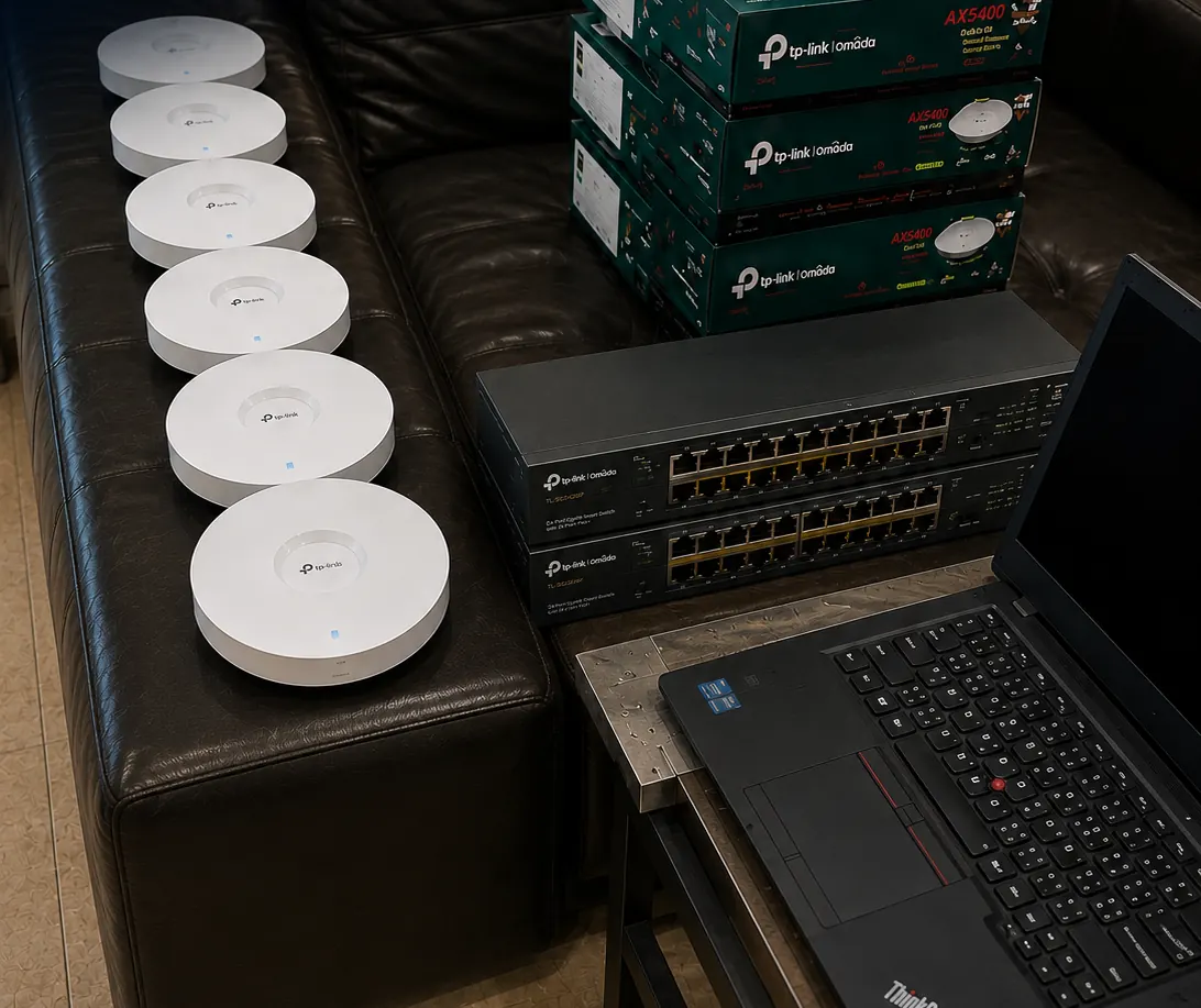 Access points Omada, switches y una notebook sobre un sillón, listos para configurar antes de instalar